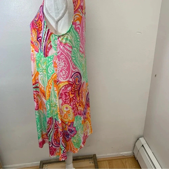MSK Tropical Dress Small Pink Print A Line Above Knee  Stretch Knit Key Hole - Picture 4 of 11